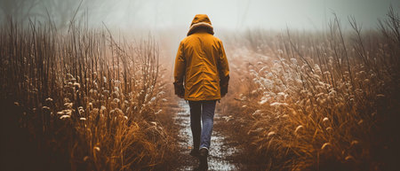 Solitary figure in yellow jacket walking on a misty forest path surrounded by tall grass.の素材