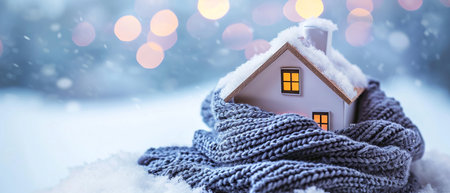 Cozy miniature house wrapped in a scarf against a snowy backdrop with warm glowing windows and bokeh lights.の素材