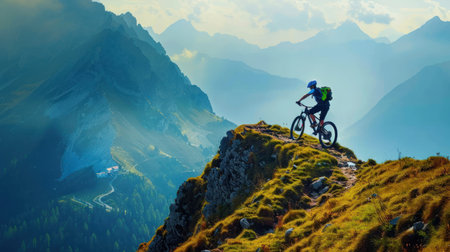 Conqueror of Heights: Man Cycling Atop Majestic Mountainの素材
