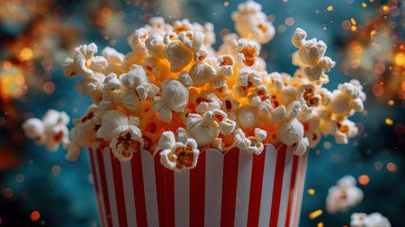 Vibrant Red and White Striped Popcorn Bucket Overflowing With Popped Cornの素材