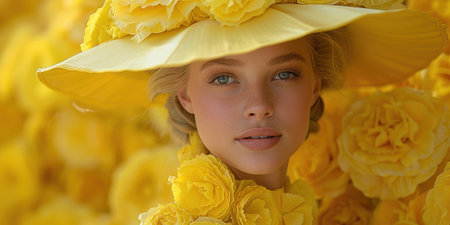 Serene Woman in a Golden Hat Surrounded by Sunlit Flowersの素材