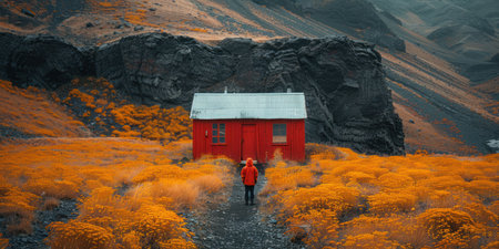 Two Figures Approaching a Vibrant Red Dwellingの素材
