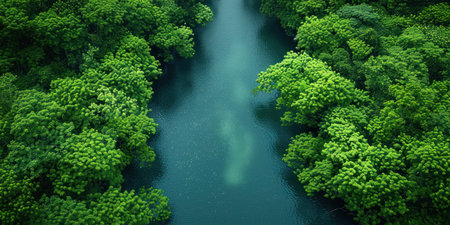 Serene River Flowing Through Verdant Forestの素材