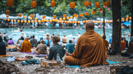 A serene gathering takes place near the edge of a tranquil lake, where a group of individuals engages in yoga practice. The participants are seated comfortably on colorful mats, deeply focused on their poses and breathing. Surrounding the area, vibrant paper lanterns hang from the trees, adding a festive touch to the peaceful ambiance.の素材