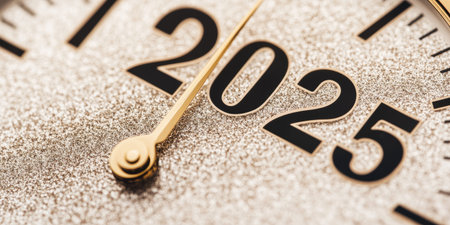 Celebrating the transition into a new year, a close-up view of a countdown clock showcases the digits 2025 shimmering against a sparkling backdrop. The clock's elegant design features a golden hand poised just before midnight, emphasizing anticipation for the celebrations ahead.の素材
