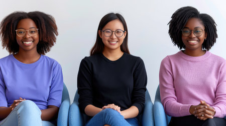 Three female colleagues, representing diverse cultural backgrounds, sit together in a contemporary office environment. They are dressed casually and exude a sense of camaraderie and professionalism. Each woman displays a warm smile, reflecting a positive team spirit. The backdrop is minimalistic, creating an inviting atmosphere that encourages collaboration.の素材