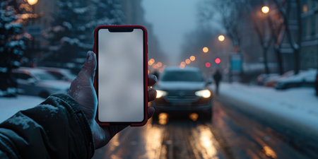 In a snowy evening setting, a hand holds a smartphone with a blank screen, positioned prominently in the foreground. The background features a city street illuminated by streetlights, creating a soft glow against the falling snow. Cars move along the wet pavement, which reflects the warm light.の素材