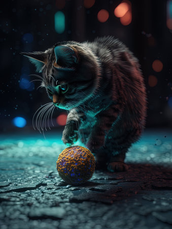 Cute cat playing with a Christmas ball on a dark background.の素材