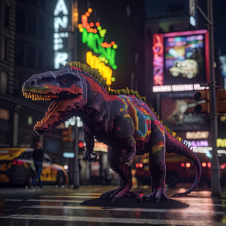 Dinosaur in the city at night. 3d pixel art rendering.の素材