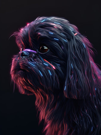 Portrait of shih tzu dog with neon lights on black backgroundの素材