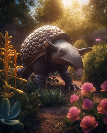 A armadillo as a gardener, planting flowers in a garden. 3d illustration.の素材