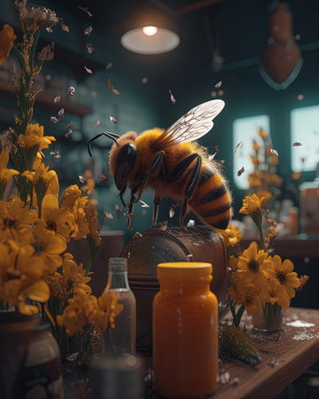 A bee sitting on a vase with flowers in a flower shopの素材