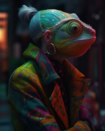 Portrait of a chameleon dressed in a colorful costume.の素材