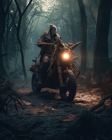 Warrior in the dark forest. The man on the motorcycle.の素材