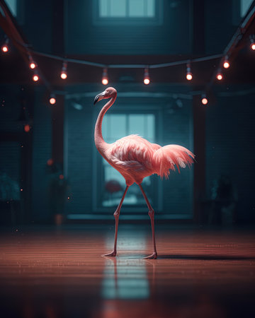 Flamingo in a dark room. 3d rendering, 3d illustrationの素材