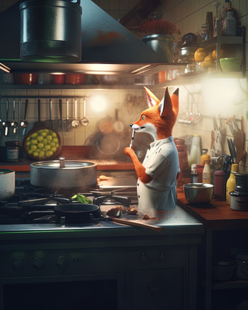 Funny fox in the kitchen. Fox in the kitchen. Fox in the kitchen.の素材