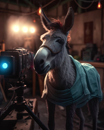 Donkey in front of a camera with a lighted lamp as a photographer, taking pictures in a studioの素材