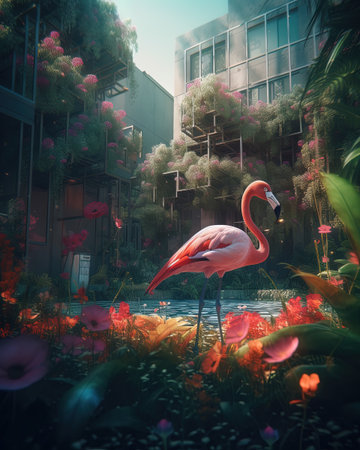 Flamingo in the garden. 3D rendering and illustration.の素材