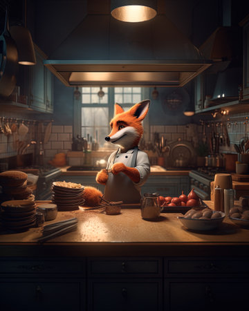 Cute fox in the kitchen at night, 3d rendering.の素材