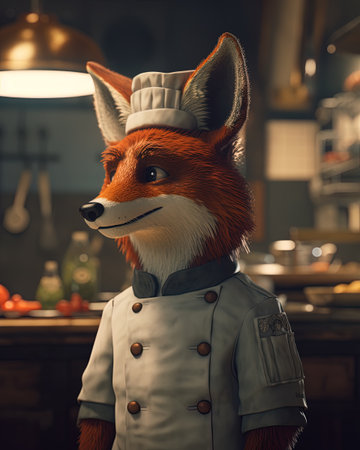 Cute fox in chef's hat and uniform standing in the kitchenの素材