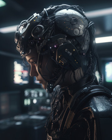 Portrait of a female cyborg in a spacesuit in a dark spaceship.の素材