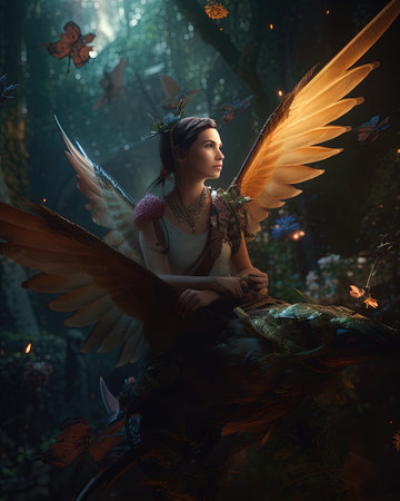 Beautiful young woman with angel wings in the forest. fairy taleの素材