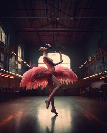 Young ballerina in a pink tutu posing in the hallの素材