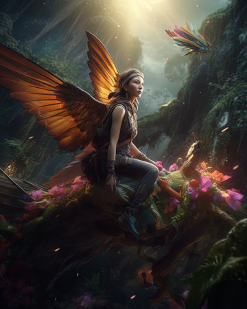 Fantasy image of a young woman with wings in the forest.の素材