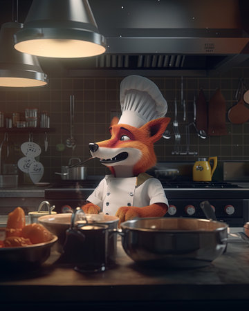 Cute fox chef in the kitchen. Concept of cooking. 3d rendering.の素材