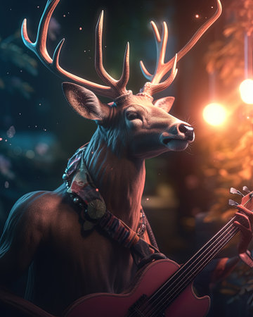 deer with red necktie and playing guitar, on the background lightsの素材