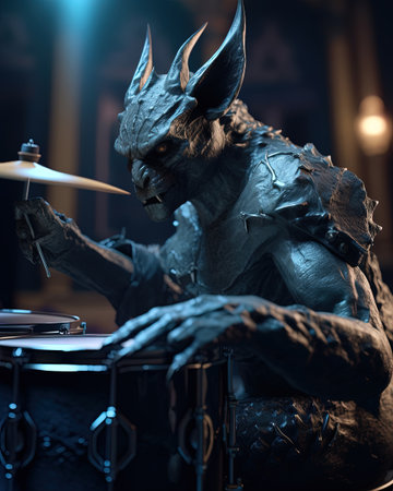 A gargoyle playing the drums, creating thundering beats in a concert hall at a dark room.の素材