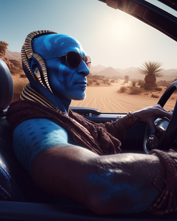 A genie driving a convertible, cruising through a desert with sunglasses on their faceの素材