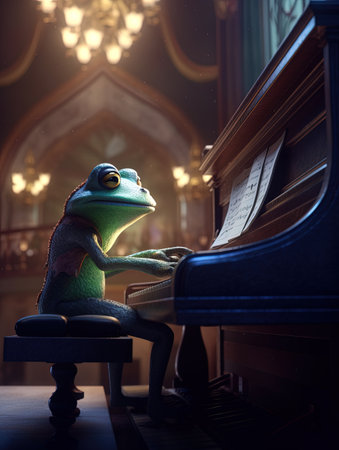 Frog sitting on the piano and playing the music.の素材