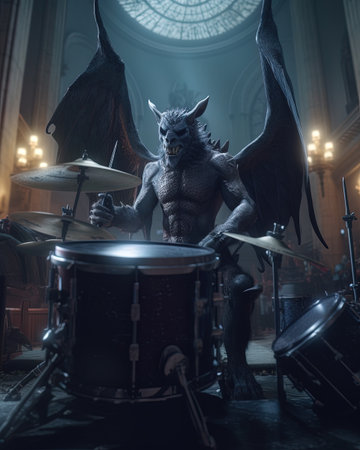 A gargoyle playing the drums, creating thundering beats in a concert hall at a medieval castleの素材