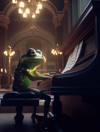 Frog sitting at the piano and playing the music.の素材