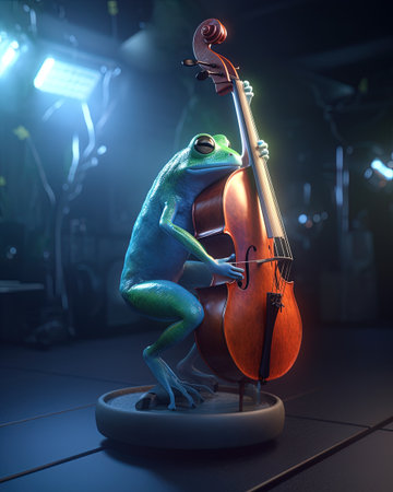 Frog with cello on stage.の素材