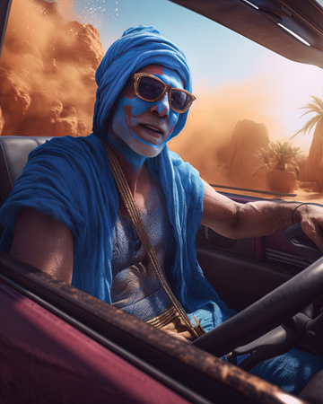 A genie driving a convertible, cruising through a desert with sunglasses on their face.の素材