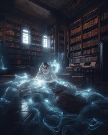 Mysterious halloween concept with ghost reading book. 3d renderingの素材