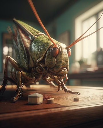 Grasshopper on a wooden table in the room.の素材