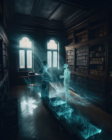 3d rendering of an old library interior with a silhouette of a witch and ghostの素材