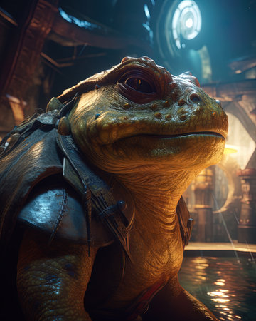 3d rendering of a fantasy world with a frog in a museumの素材