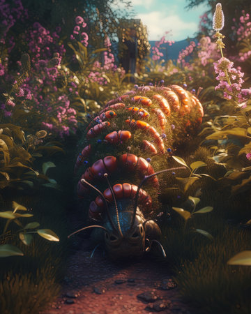 3D illustration of a fantasy alien landscape with grass and flowers.の素材