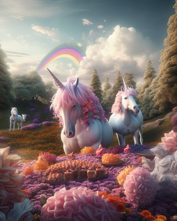 A group of unicorns having a picnic on a rainbow, with cotton candy clouds as the tableの素材