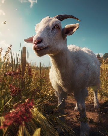 White goat in the meadow at sunset.の素材