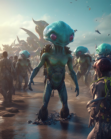 A group of aliens having a beach party on a distant planet, with glowing tide pools as the dance floorの素材