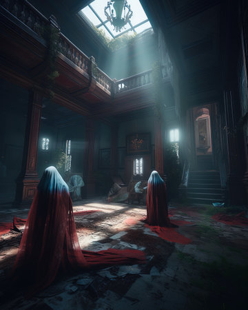 Grungy interior of old mansion with red cloth ghosts. 3D renderingの素材