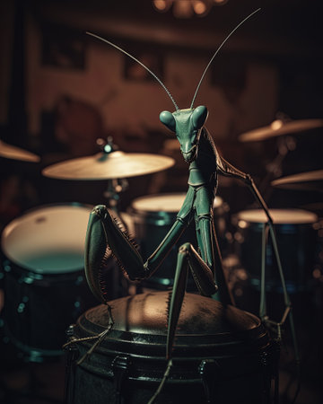 A giant praying mantis playing the drums in a jazz bandの素材