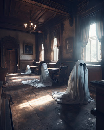 Ghosts wedding dress and veil in the interior of an old castleの素材