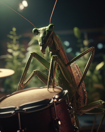 A giant praying mantis playing the drums in a jazz band. Closeup.の素材