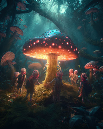 A group of fairies having a dance party in a mushroom circle in the forest.の素材